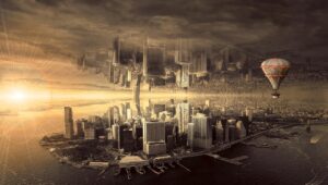 fantasy, city, architecture, composing, surreal, mystical, hot air balloon, cityscape, urban landscape, skyline, mirroring, reflection, upside down, sunlight, mirror image, fantasy, fantasy, city, city, city, city, city
