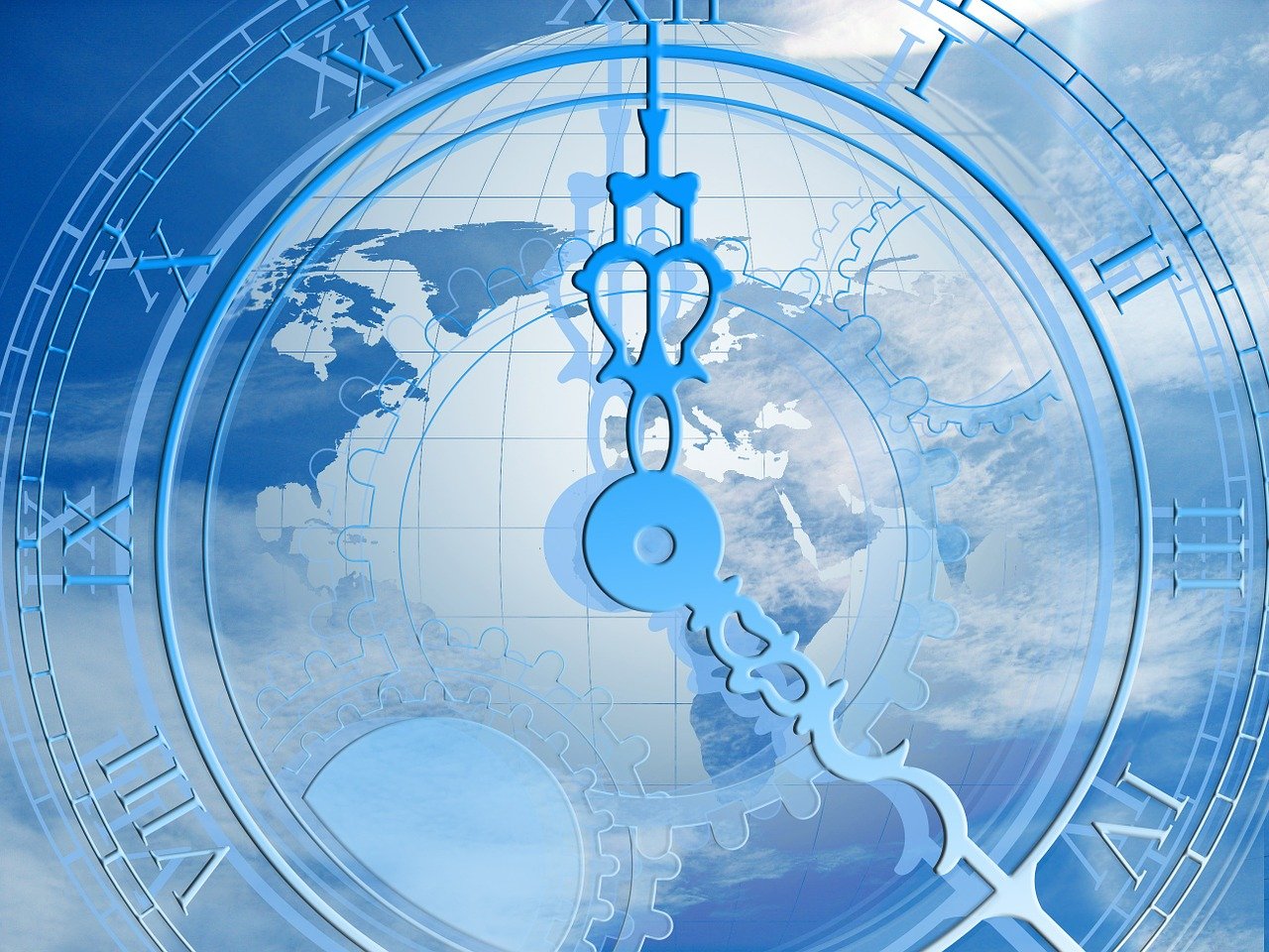 time, clock, abstract, clouds, heaven, globe, continents, background, meridian, coordinates, time display, pointer, clocks, hour, minutes, clock face, lines, second, waves, events, deadline, nature, planning, moment, present, future, period of time, digits, time window