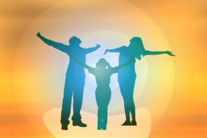 family, silhouette, flare up, pleasure, person, human, lust for life, applause, comfort, be satisfied with, satisfaction, happy, sun, man, daughter, father, mother, child, nature, woman