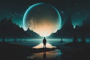 man, moon, night, field, sky, stars, serenity, peaceful, calm, solitude, reflection, contemplation, nature, mystery, adventure, night sky, exploration, freedom, artwork, concept