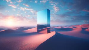 ai generated, mirror, desert, projection, view, illusion, fantasy, space, perspective, light, nature, horizon, landscape, background