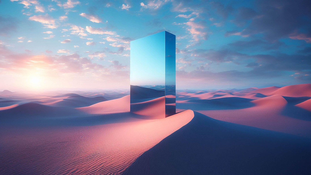 ai generated, mirror, desert, projection, view, illusion, fantasy, space, perspective, light, nature, horizon, landscape, background