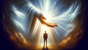 ai generated, faith, hope, divine guide, heavenly, light, giant hand, human figure, illumination, inspiring, spirituality, power, protection, connection, transcendence, majesty, breath, comfort, force, divinity, omnipotence, omnipotent, virtue, ascent, creator