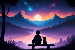 ai generated, boy, dog, pet, lake, animal, love, puppy, nature, cute, silhouette, sunset, landscape, dusk, mountain, calm, tranquil, together, friend, family, trust, partner