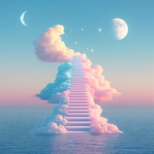 ai generated, nature, stairs, heaven, blue, pink, rose, moon, stairs to heaven, ocean, travel, clouds, scenic