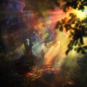 ai generated, woman, beams, traveler, nature, mystical, magical, wandering, glow, light, sacred, spiritual, rainbow, travel, trip, walk