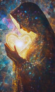 ai generated, woman, hooded, stars, figure, heart, light, glow, cosmic, spiritual, holding, contemplation, mystical, warm, colors, reflection, symbolism, art, embrace, serenity