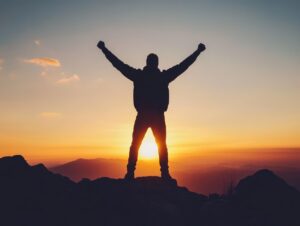ai generated, mountain, silhouette, victory, success, celebration, mountain top, achievement, freedom, adventure, hiker, hiking, peak, triumph, nature, outdoor, landscape, peak success, summit climb, climbing, exercise