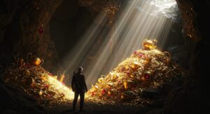 ai generated, man, treasure, gold, jewelry, bullion, cave, nature, adventure, map, hike