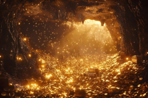 ai generated, cave, gold, countless, coins, golden, rich, nugget, ingots