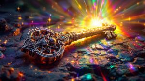 ai generated, key, secret, mystic, spiritual, opening, light, glow, rainbow, imagination, portal, mysterious, nature, mysticism, unlock, open