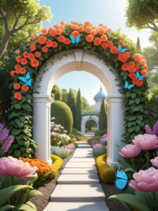 gate, arch, garden, magical, entrance, abstract, scene, magic, fantasy, nature, flowers, plants, vines, background